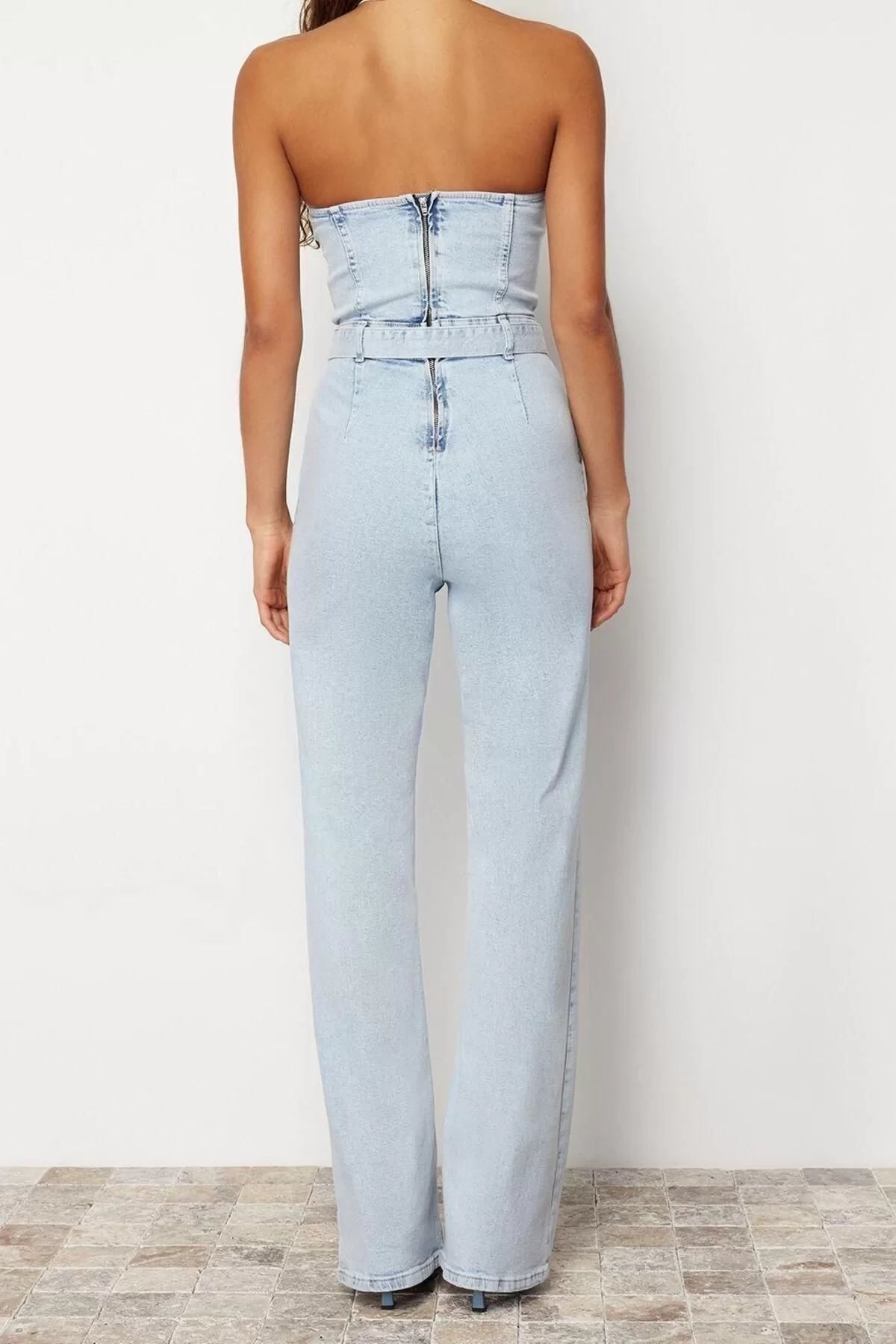 Women Fashion Standard Sleeve Wide Leg Strapless Plain Pattern Regular Belted Strapless Denim Jumpsuit