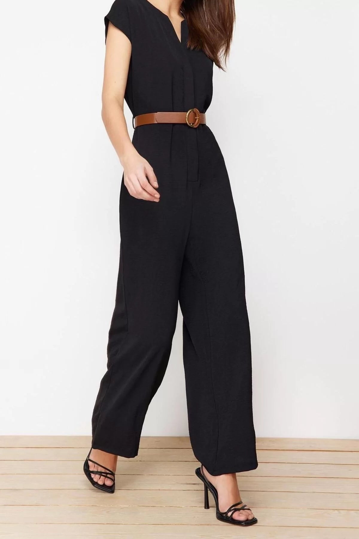 Women Fashion Standard Sleeve Wide Leg Crew Neck Long Belted Double Breasted Collar Sleeveless Maxi Woven Jumpsuit