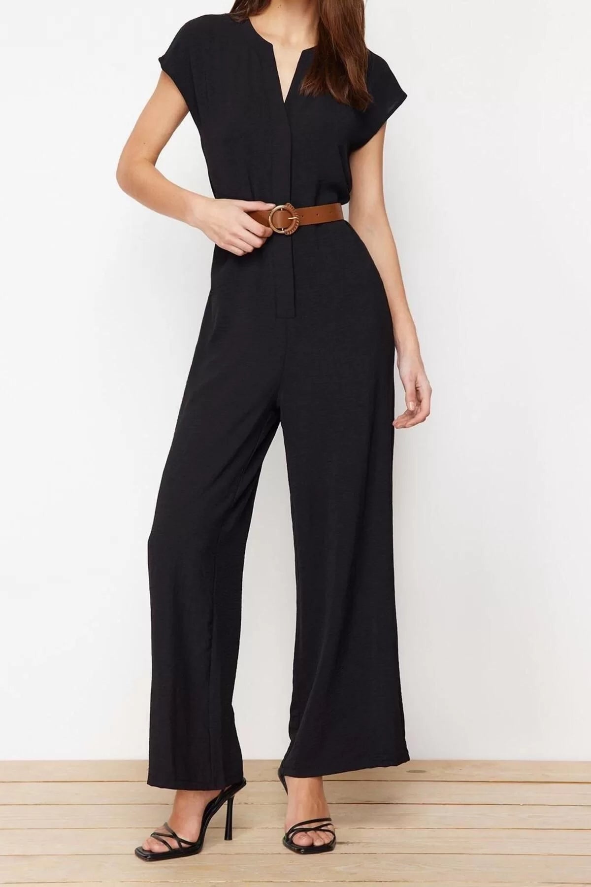 Women Fashion Standard Sleeve Wide Leg Crew Neck Long Belted Double Breasted Collar Sleeveless Maxi Woven Jumpsuit