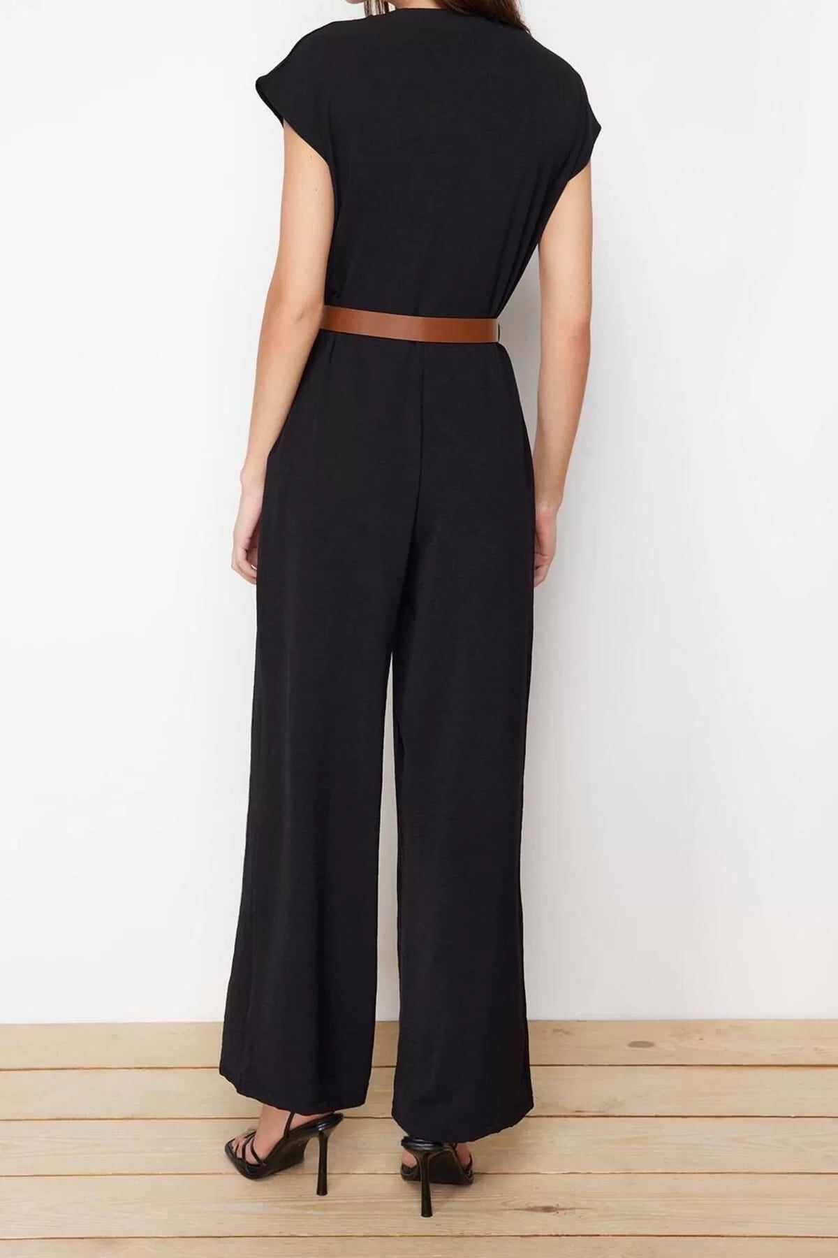 Women Fashion Standard Sleeve Wide Leg Crew Neck Long Belted Double Breasted Collar Sleeveless Maxi Woven Jumpsuit