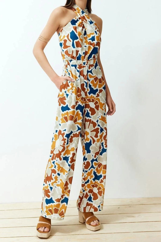 Women's Fashion Wide Leg Halter Neck Floral Long Patterned Knot Detailed Woven Jumpsuit