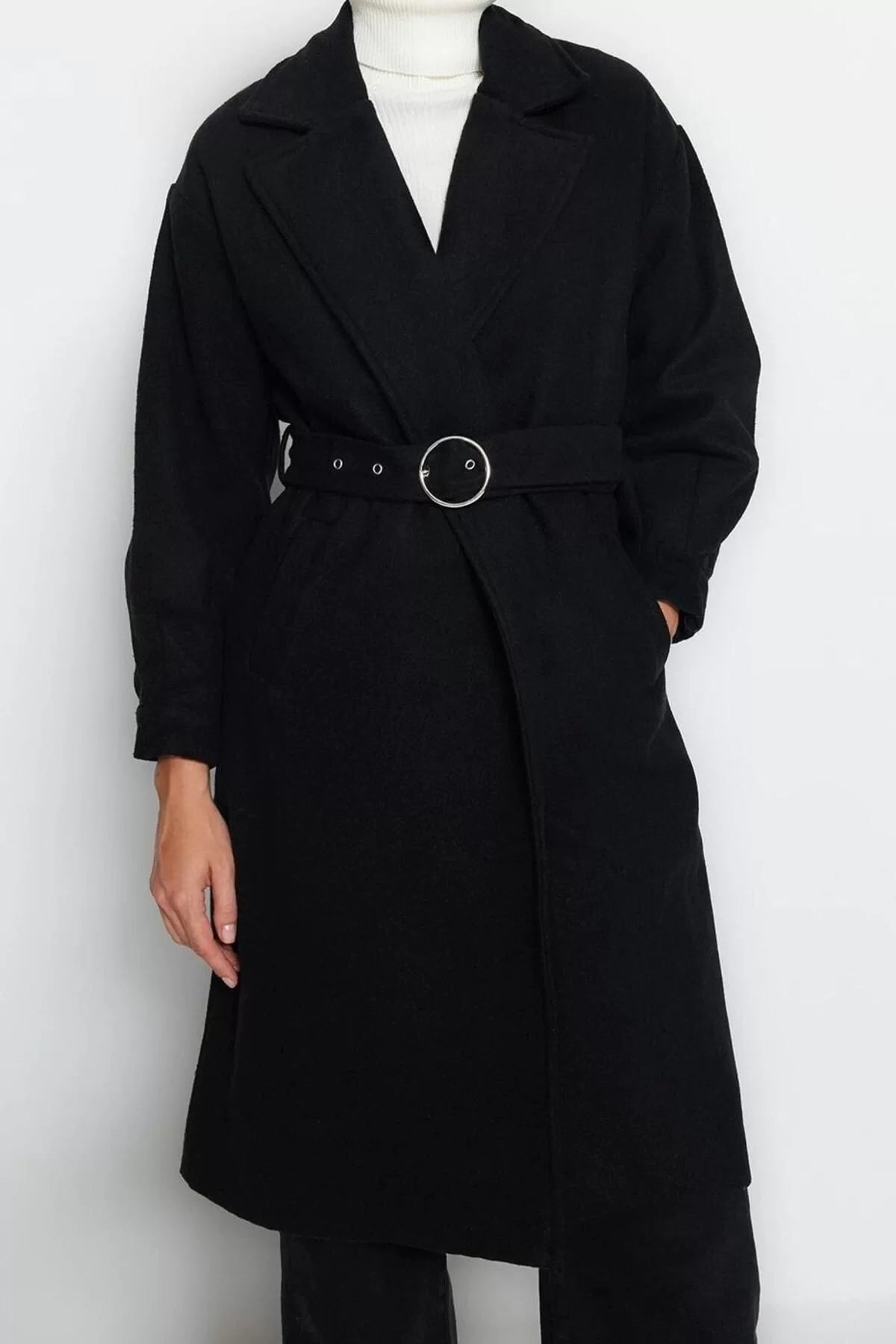 Design Plain Lined Collar Long Regular Jacket Women's Buckle Detailed Belted Regular Coat