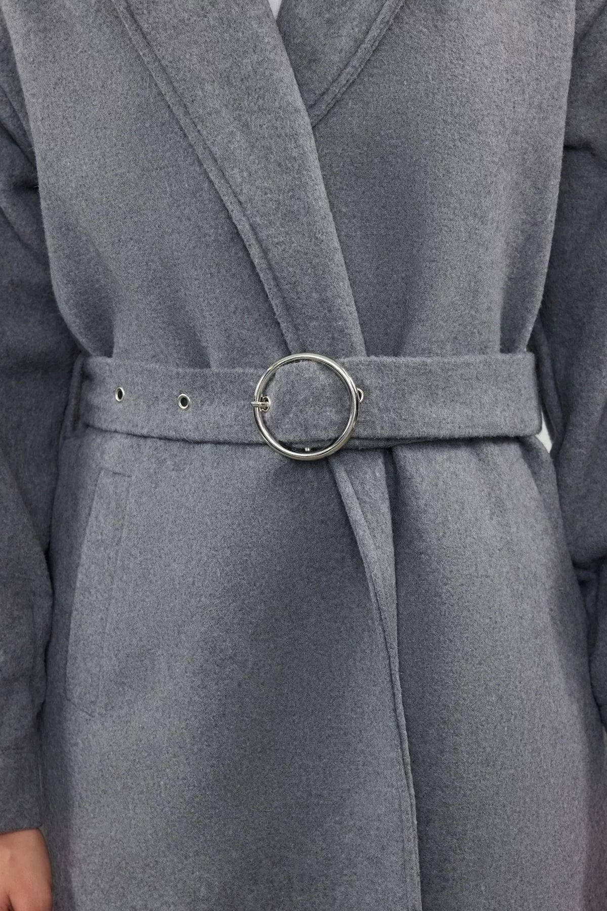 Design Plain Lined Collar Long Regular Jacket Women's Buckle Detailed Belted Regular Coat