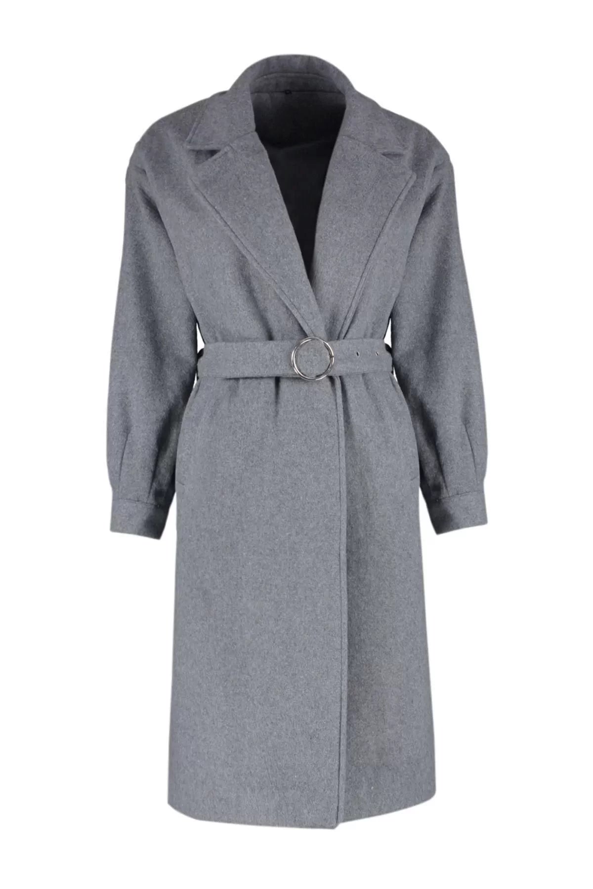 Design Plain Lined Collar Long Regular Jacket Women's Buckle Detailed Belted Regular Coat