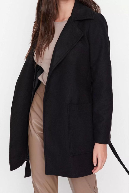 Design Plain Lined Collar Midi Fitted Jacket Women's Fitted Belted Wool Cashmere Coat