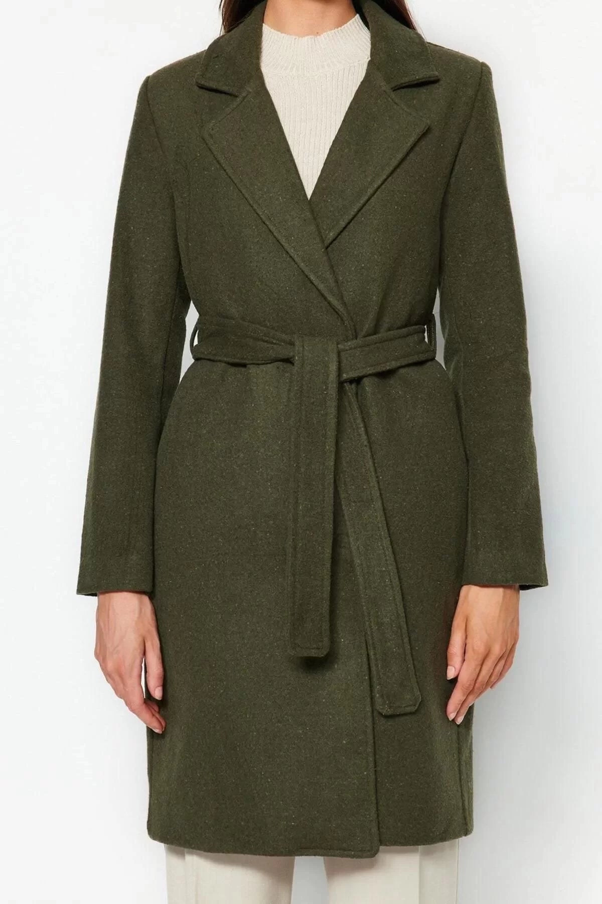 Design Plain Lined Collar Long Regular Jacket Women Belted Long Wool Cashmere Coat