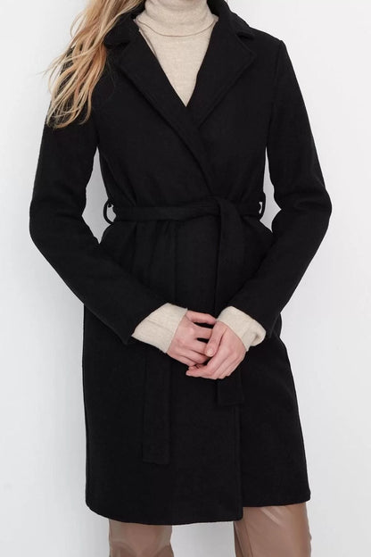 Design Plain Lined Collar Long Regular Jacket Women Belted Long Wool Cashmere Coat