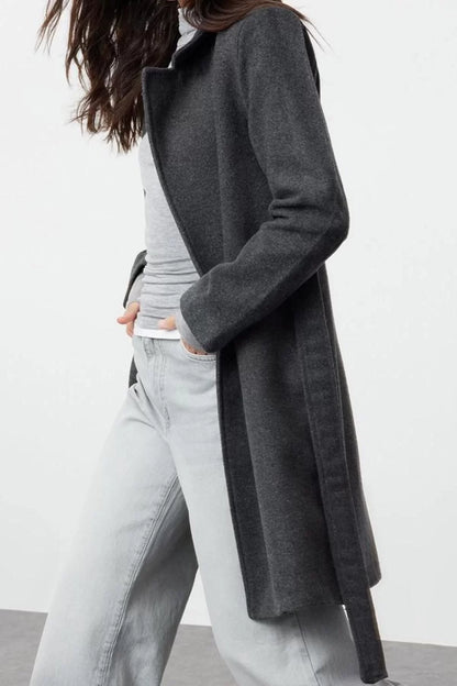 Design Plain Lined Collar Long Regular Jacket Women Belted Long Wool Cashmere Coat