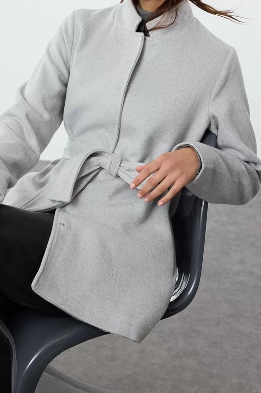 Design Plain Lined Collar Midi Regular Upright Women's Belted Wool Short Cashmere Coat