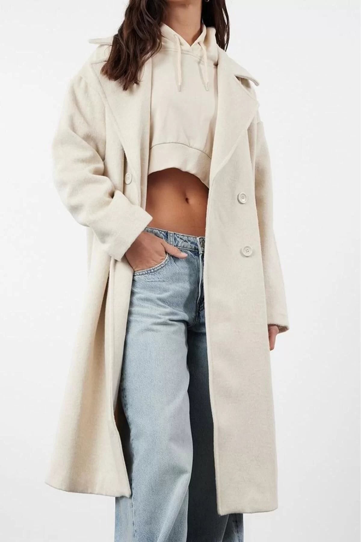 Design Plain Lined Collar Long Oversize Jacket Women Oversize Wide Cut Long Wool Cashmere Coat