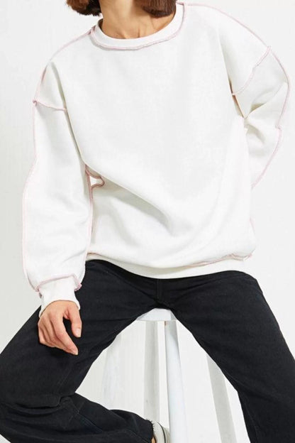 Loose Crew Neck Low Sleeve Long Regular Cut Cardigan Stitched Thick Polar Fleece Knitted Sweatshirt