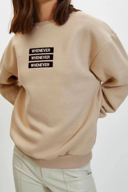 Crew Neck Low Sleeve Thick Polar Fleece Inside Slogan Embroidered Comfortable Knitted Sweatshirt