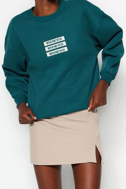 Crew Neck Low Sleeve Thick Polar Fleece Inside Slogan Embroidered Comfortable Knitted Sweatshirt