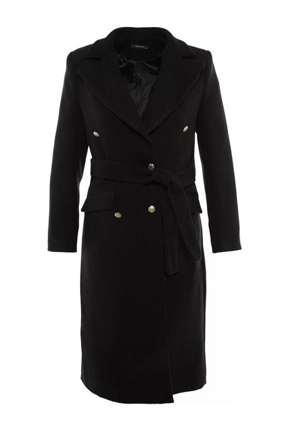 Design Plain Lined Collar Long Fitted Jacket Women's Fitted Belted Gold Buttoned Long Wool Cashmere Coat