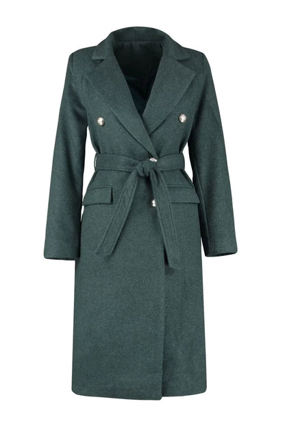 Design Plain Lined Collar Long Fitted Jacket Women's Fitted Belted Gold Buttoned Long Wool Cashmere Coat