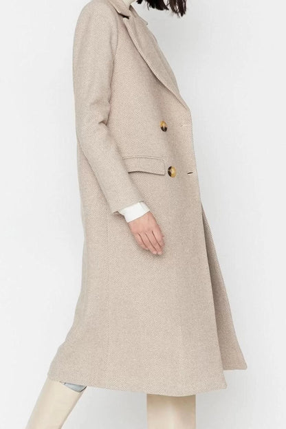 Design Herringbone Lined Collar Long Regular Jacket Women's Herringbone Patterned Long Cashmere Coat