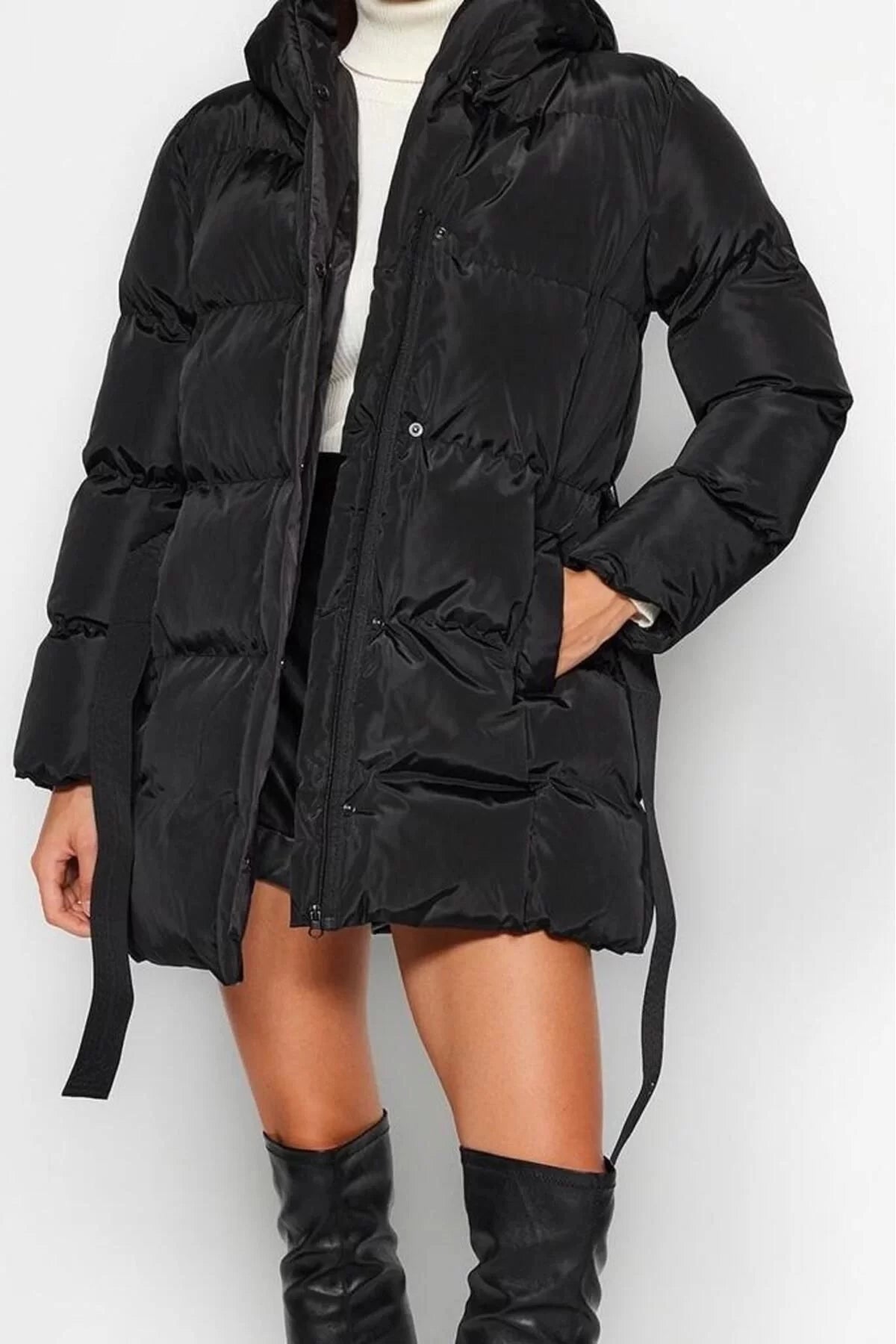 Design Plain Lined Collar Midi Regular Hooded Women's Regular Belted Water Repellent Puffer Jacket