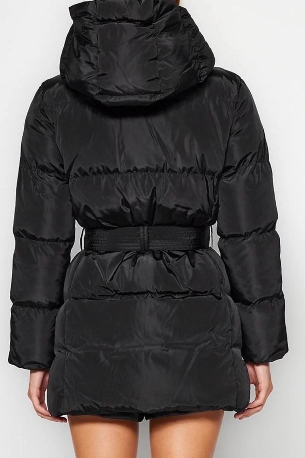 Design Plain Lined Collar Midi Regular Hooded Women's Regular Belted Water Repellent Puffer Jacket