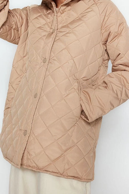 Design Plain Lined Collar Midi Regular Hooded Women's Hooded Water Repellent Quilted Coat