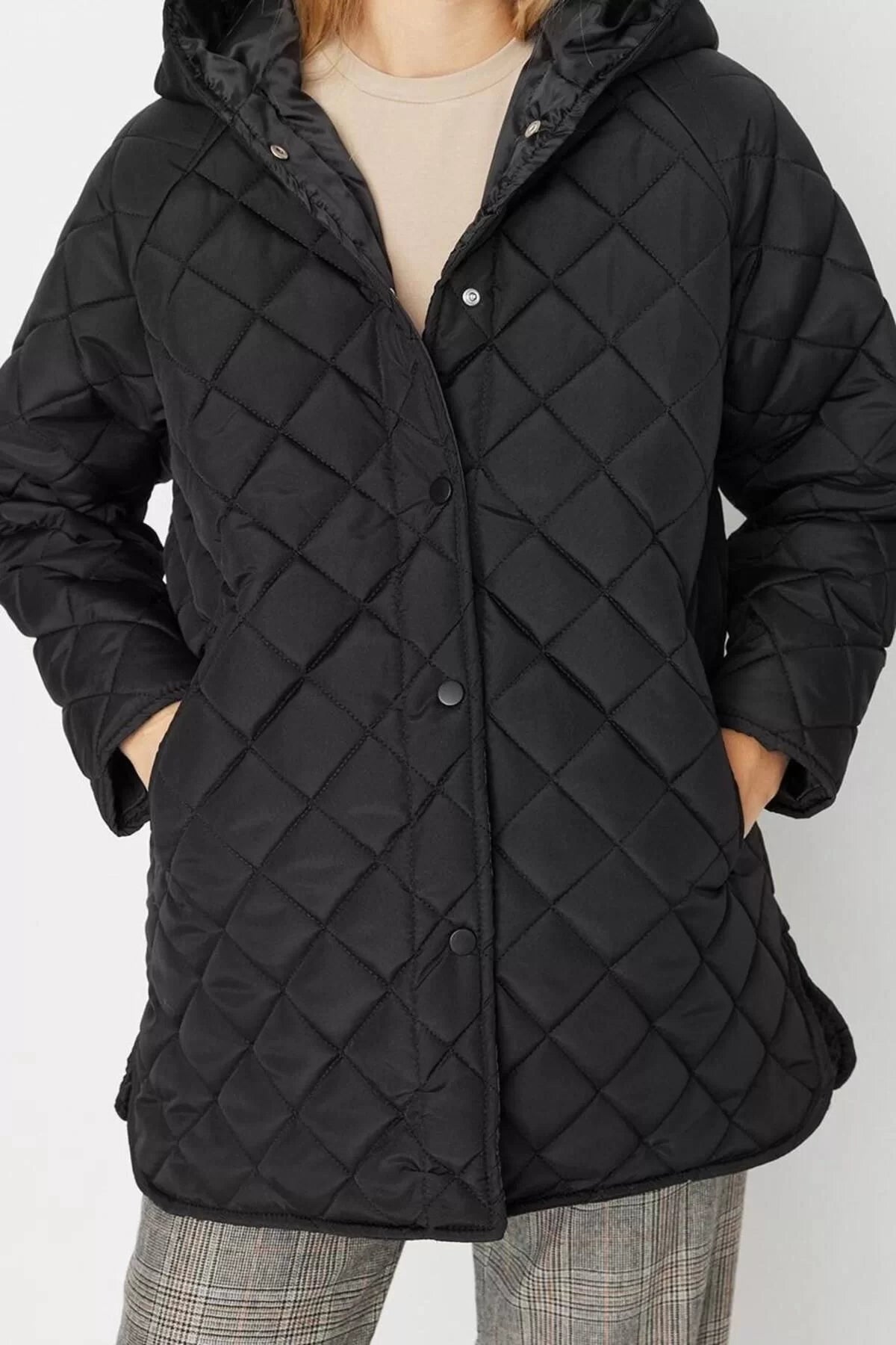 Design Plain Lined Collar Midi Regular Hooded Women's Hooded Water Repellent Quilted Coat