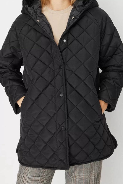 Design Plain Lined Collar Midi Regular Hooded Women's Hooded Water Repellent Quilted Coat