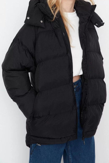 Design Plain Lined Collar Midi Loose Hooded Women's Hooded Water Repellent Winter Puffer Coat