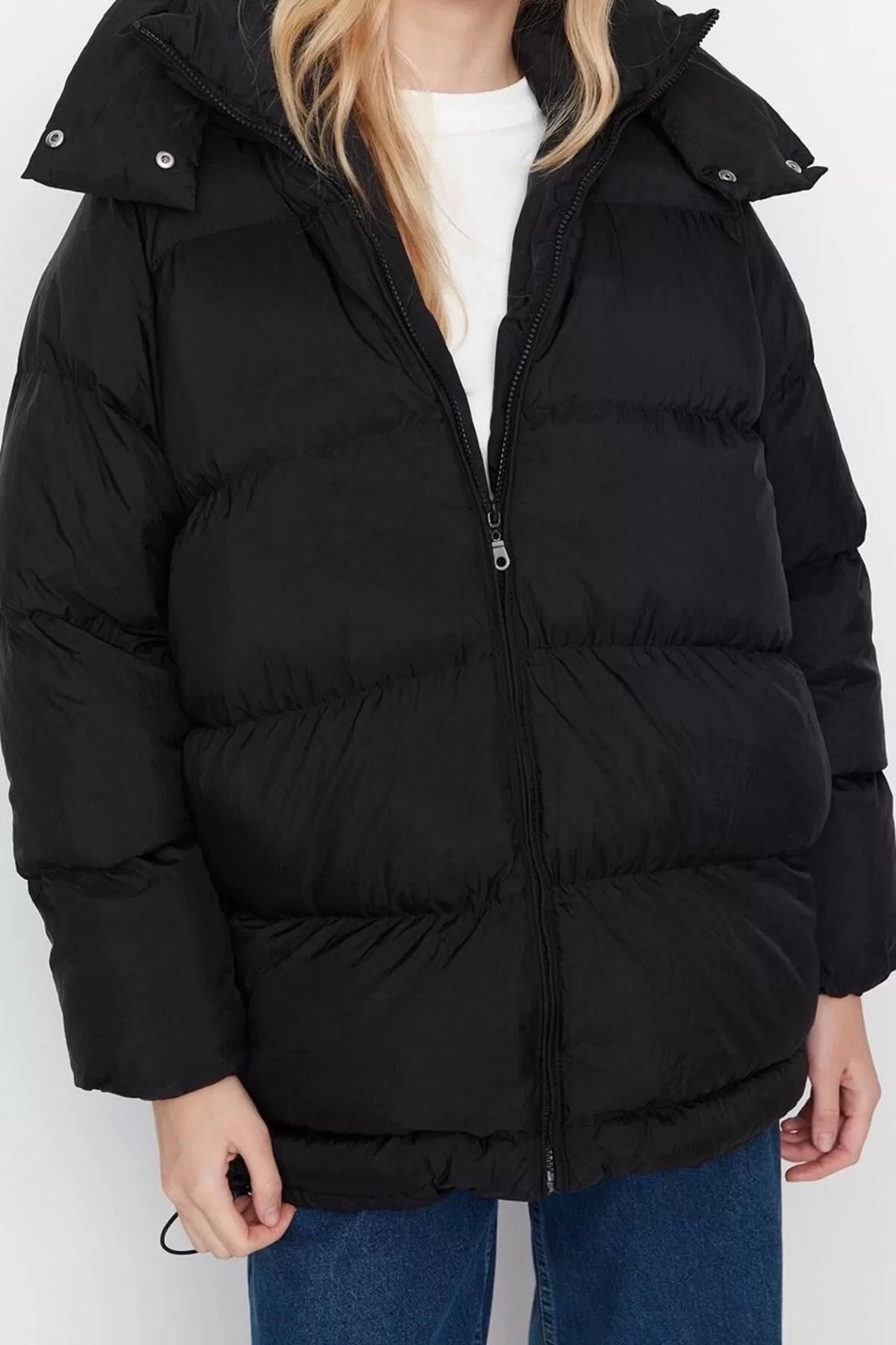 Design Plain Lined Collar Midi Loose Hooded Women's Hooded Water Repellent Winter Puffer Coat