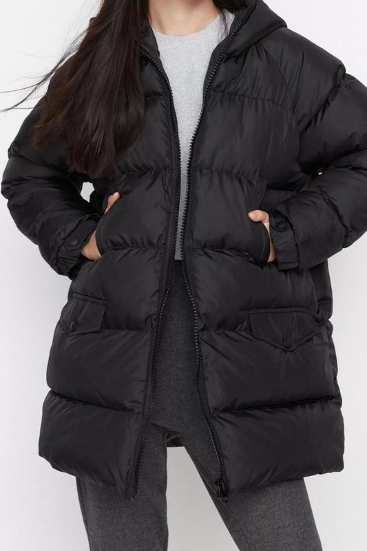 Design Plain Lined Collar Midi Regular Hooded Women's Oversize Hooded Water Repellent Puffer Jacket