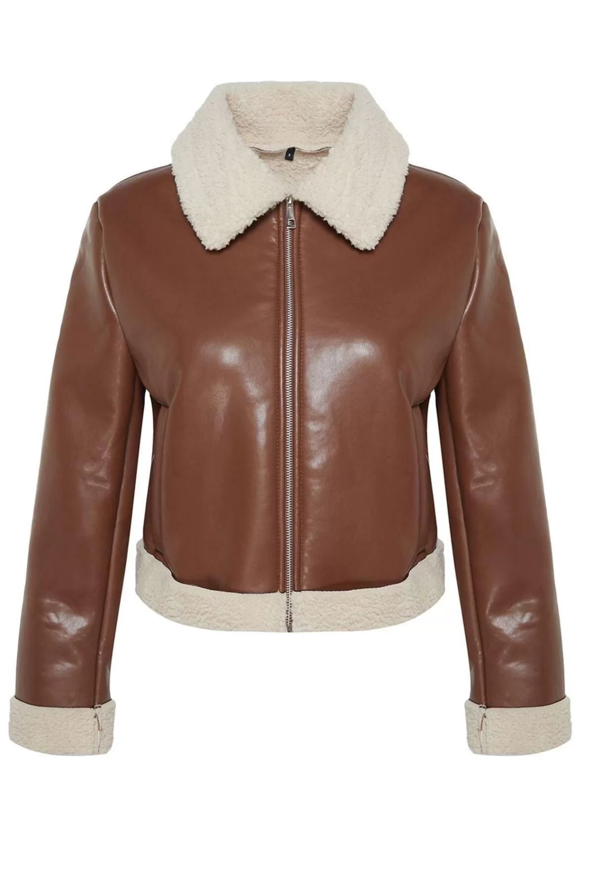 Design Plain Lined Collar Standard Regular Shirt Women Plush Detailed Faux Leather Biker Jacket Coat