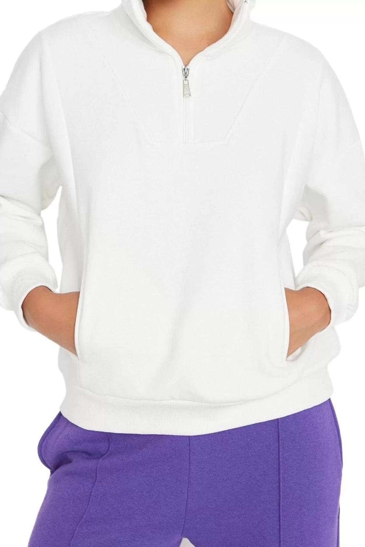 Zippered Collar Low Sleeve Wide Cut Zippered Thick Polar Fleece Knitted Sweatshirt