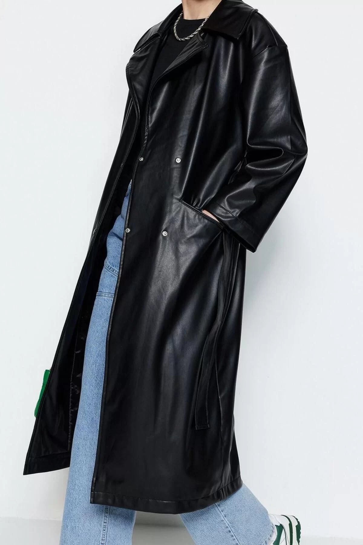 Design Plain Lined Collar Long Oversize Jacket Women Oversize Wide Cut Belted Faux Leather Trench Coat