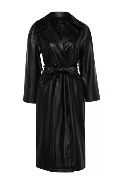 Design Plain Lined Collar Long Oversize Jacket Women Oversize Wide Cut Belted Faux Leather Trench Coat