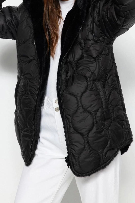 Design Plain Double-sided Collar Midi Regular Hooded Women's Hooded Plush Quilted Puffer Jacket