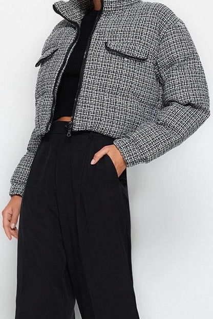 Design Patterned Lined Collar Crop Regular Sheer Women's Regular Tweed Crop Puffer Jacket