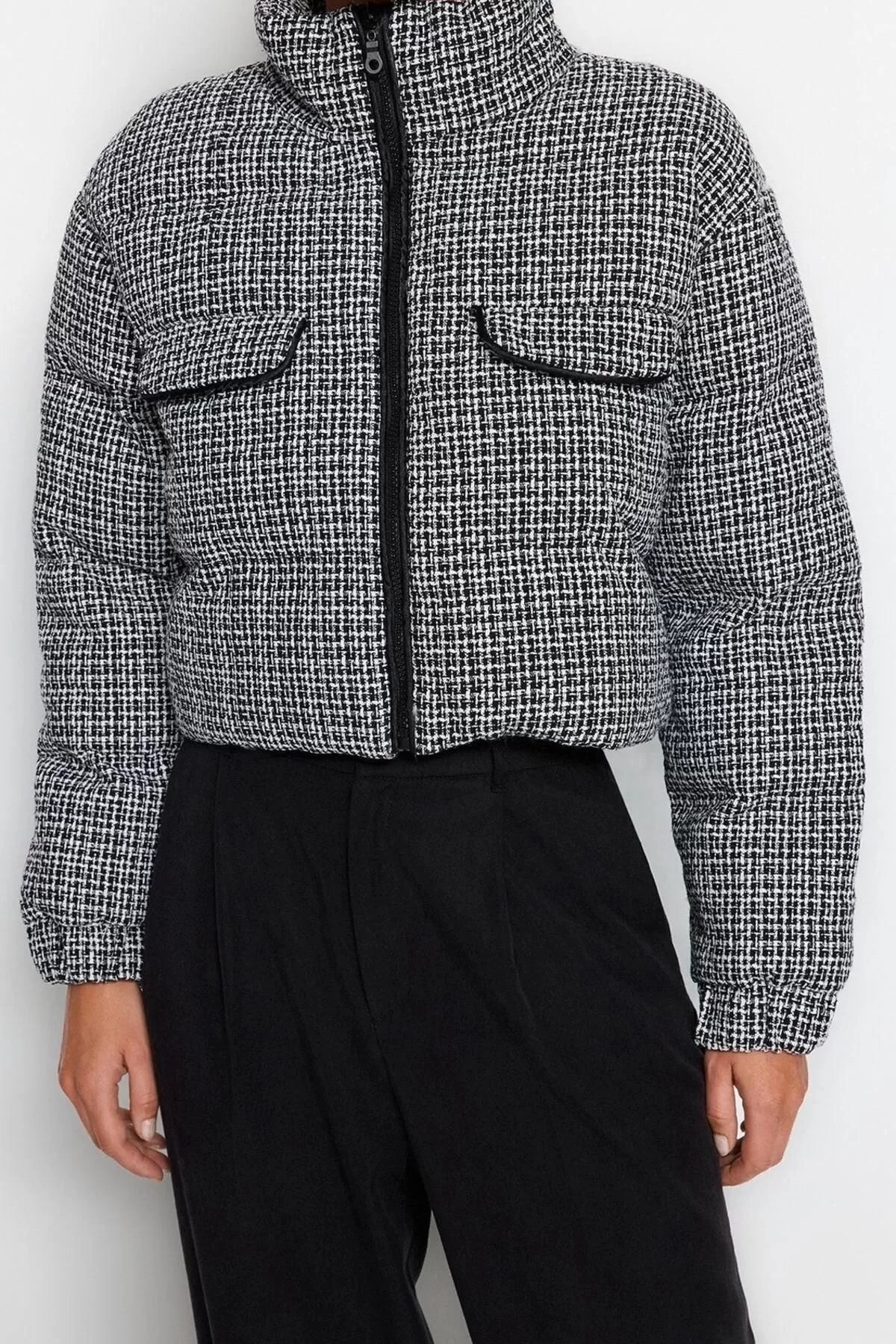 Design Patterned Lined Collar Crop Regular Sheer Women's Regular Tweed Crop Puffer Jacket