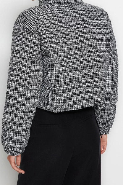 Design Patterned Lined Collar Crop Regular Sheer Women's Regular Tweed Crop Puffer Jacket