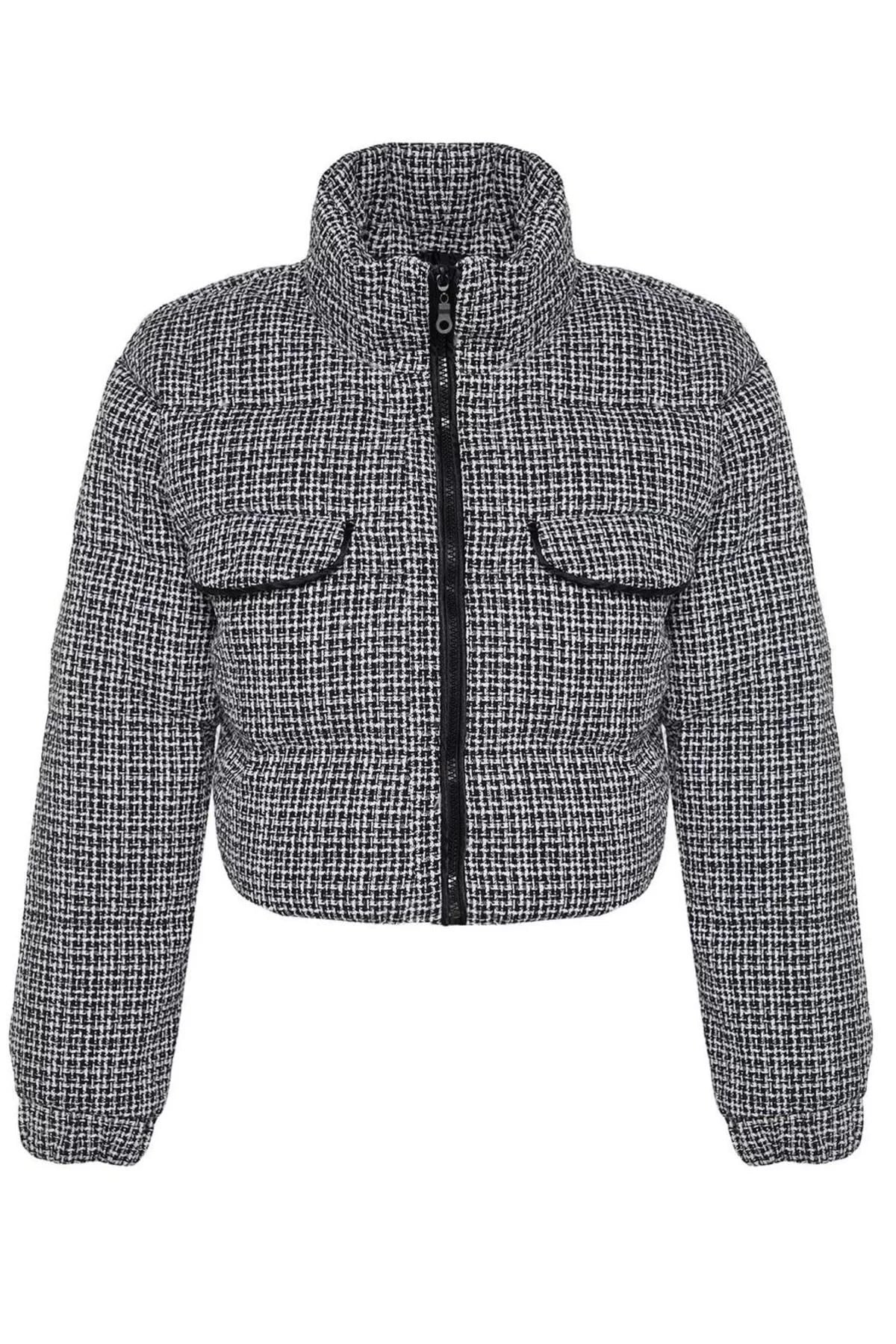 Design Patterned Lined Collar Crop Regular Sheer Women's Regular Tweed Crop Puffer Jacket