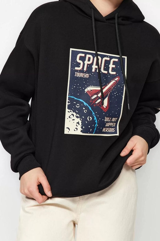 Style Loose Hooded Low Sleeve Long Thick Fleece Inside Space Printed Wide Cut Knitted Sweatshirt