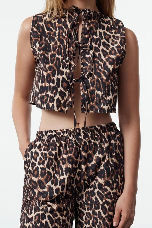 Style Women Modern Normal Waist Straight Leg Animal Leopard Patterned Woven Blouse-Pants Set