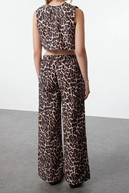 Style Women Modern Normal Waist Straight Leg Animal Leopard Patterned Woven Blouse-Pants Set