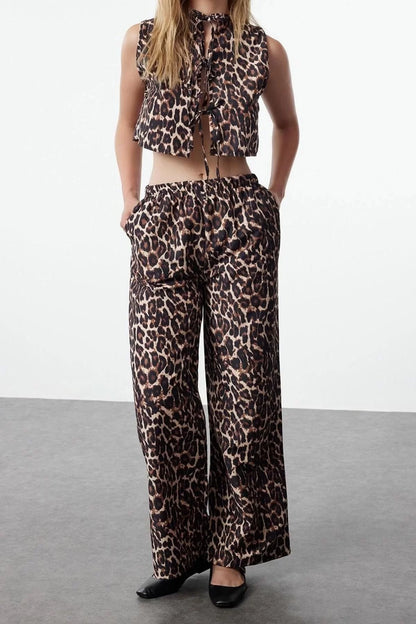 Style Women Modern Normal Waist Straight Leg Animal Leopard Patterned Woven Blouse-Pants Set