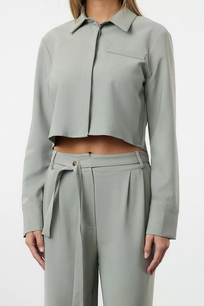 Style Women Normal Waist Straight Leg Shirt Collar Crop Woven Shirt Wide Leg Belted Trouser Set