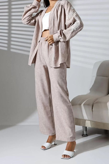 Style Women Modern Fashion Normal Waist Straight Leg Shirt Collar Embroidered Kimono-Pants Woven Bottom-Top Set