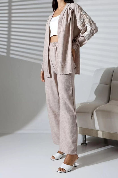 Style Women Modern Fashion Normal Waist Straight Leg Shirt Collar Embroidered Kimono-Pants Woven Bottom-Top Set