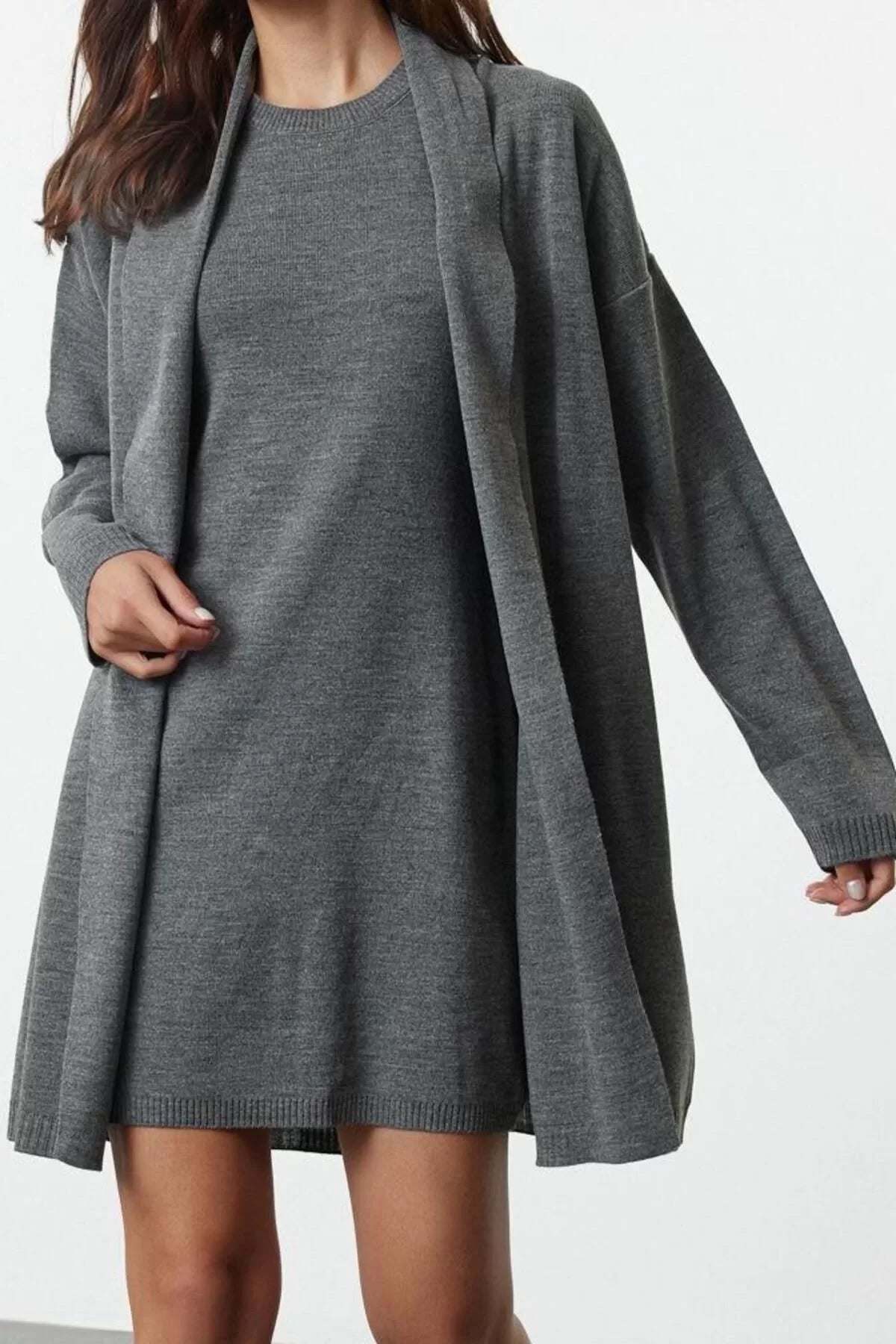 Style Style Regular Crew Neck Mini Length Knitted Dress-Cardigan