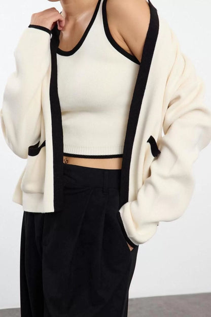 Style Modern Women Regular Standard Sleeve Crew Neck Color Block Knitwear Blouse-Cardigan Set