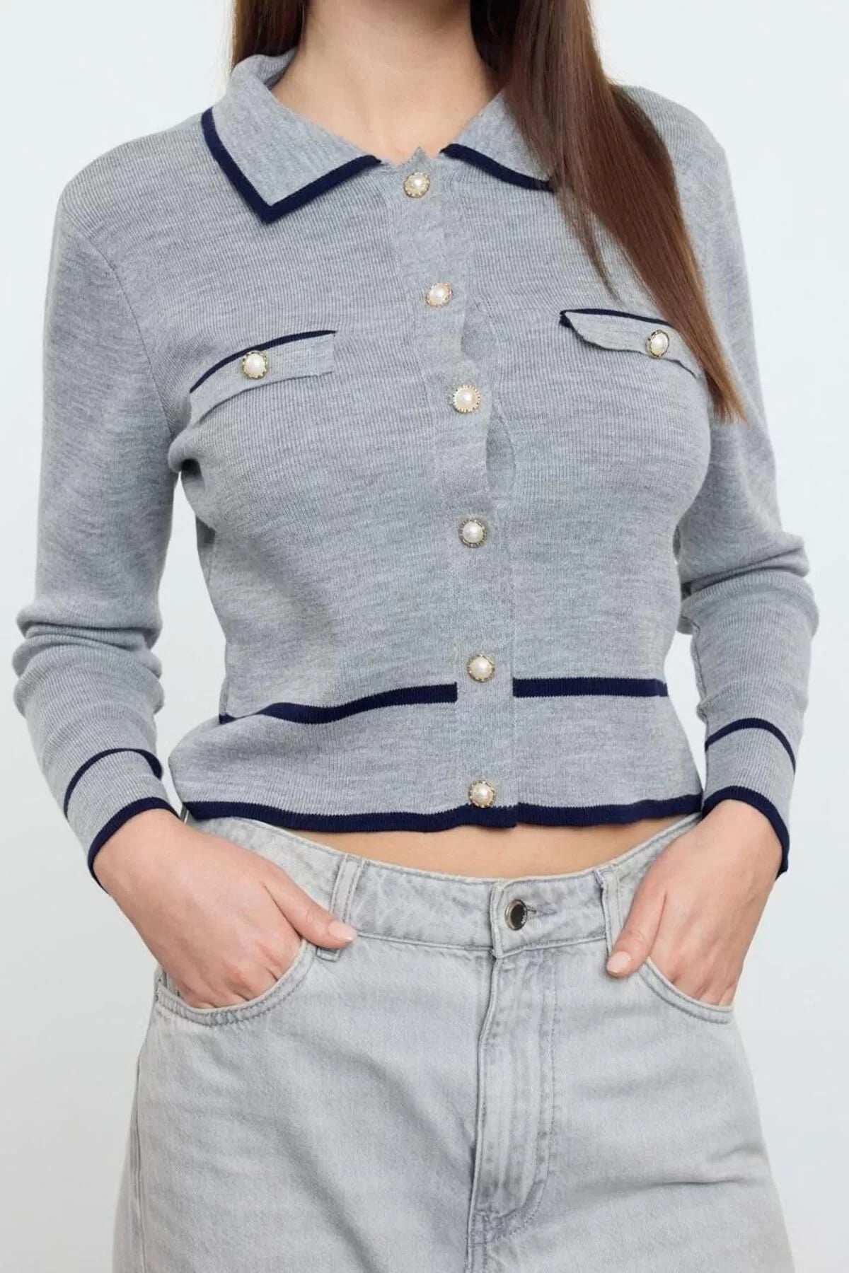 Style Modern Women Regular Standard Sleeve Polo Collar Color Block Knitwear Cardigan