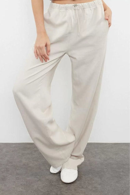 Style Women Fashion Denim Jeans Long Wide Leg Linen Blend High Waist Trousers