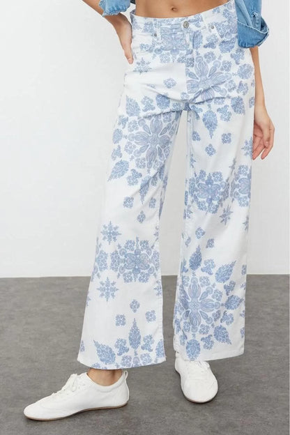 Style Women Fashion Denim Jeans Crop Wide Leg Floral Printed High Waist Culotte Jeans