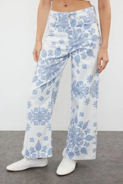 Style Women Fashion Denim Jeans Crop Wide Leg Floral Printed High Waist Culotte Jeans